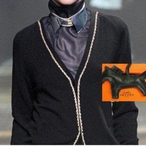Hermes styled gold chain grey cardigans sweater
